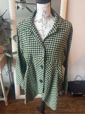Peplum Button-Front Shirt in Green and Black Check